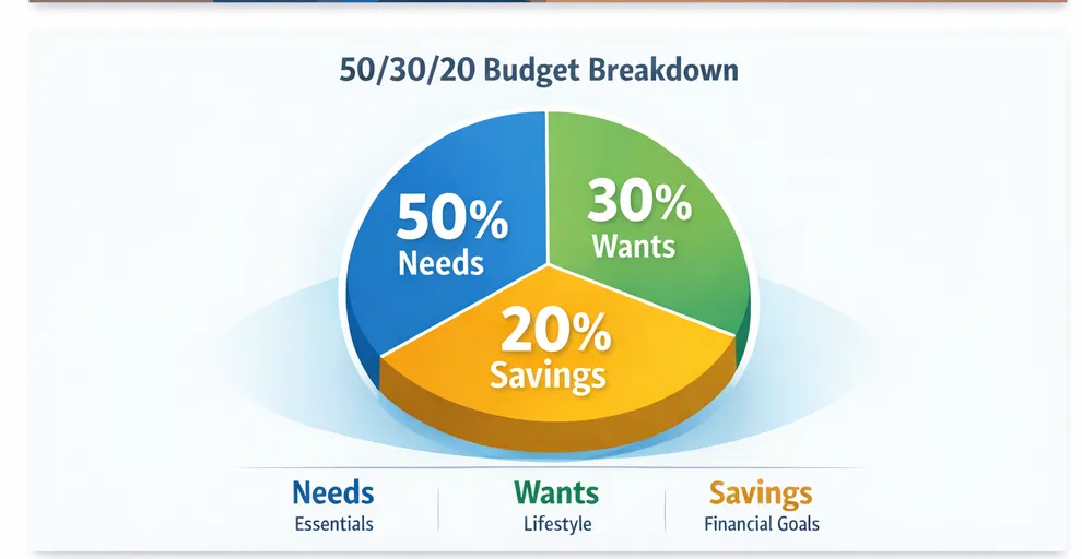 Pie chart showing 50 percent needs 30 percent wants 20 percent savings rule