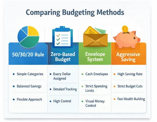 Comparison of 50 30 20 rule zero based budgeting and envelope method