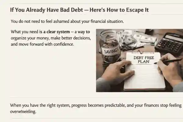 Debt free plan notebook with calculator and savings jar