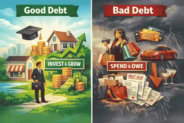 Good debt vs bad debt comparison chart explaining wealth-building vs high-interest debt