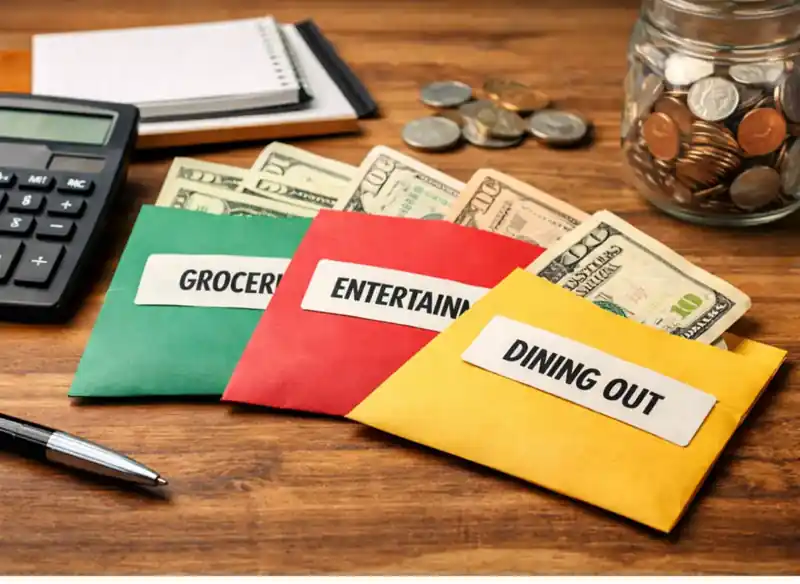 Envelope budgeting system using labeled cash envelopes to control spending categories