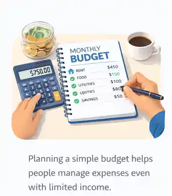 Planning a monthly budget on a low income with calculator and notebook