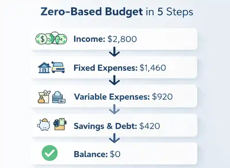 Step-by-step zero-based budget example showing income, fixed expenses, variable expenses, savings and final zero balance